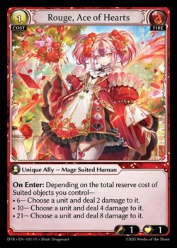 <b>登場時:</b>あなたがコントロールするSuited オブジェクトのリザーブコストの合計に応じて、以下の行動を行う。<br>
• 6 — ユニット1体を選び、それに2点のダメージを与える。<br>
• 10 — ユニット1体を選び、それに4点のダメージを与える。<br>
• 21 — ユニット1体を選び、それに8点のダメージを与える。