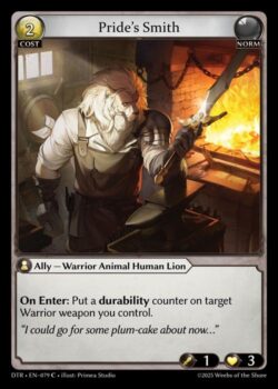 <b>登場時:</b>あなたがコントロールする対象のWarrior weaponにdurabilityカウンターを 1 個置きます。