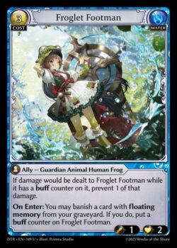 Froglet Footmanにバフカウンターが置かれている間にダメージが与えられる場合、そのダメージを1点軽減する。<br>
<b>登場時:</b>あなたの墓地にある<b>フローティングメモリー</b>を持つカード1枚を追放してもよい。そうしたなら、Froglet Footmanにバフカウンターを1個置く。