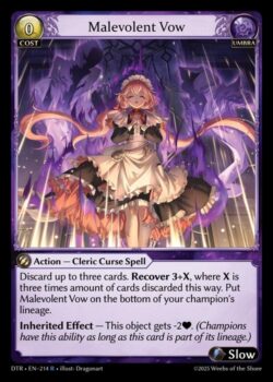 カードを最大3枚追放する。3+X回復する。Xはこの方法で追放したカードの3倍。「Malevolent Vow」をあなたのチャンピオンの系統の一番下に置く。<br>
<b>継承効果</b> — このオブジェクトは-2(Life)される。(このカードがその系統の一部である限り、チャンピオンはこの能力を持つ。)