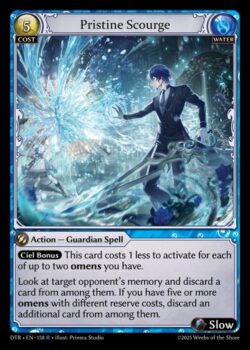 <b>シエルボーナス</b>:このカードの発動コストは、あなたが持つオーメン2枚までにつき1少なくなる。対象の対戦相手のメモリーを見て、その中から1枚を捨てる。あなたが異なるリザーブコストを持つオーメンを5枚以上持っている場合、その中からさらに1枚を捨てる。