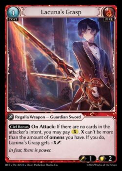 <b>シエルボーナス</b> <b>攻撃時</b>:アタッカーのインテントにカードがない場合、Xを支払ってもよい。Xはあなたのオーメンの枚数を超えてはならない。そうした場合、Lacuna’s Graspはターン終了時まで+X(Power)の修正を受ける。