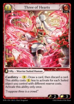 <b>カーディストリー</b> — 3:カードを1枚引き、その後カードを1枚捨てる。この能力のアクティベーションコストは、あなたがコントロールする異なるリザーブコストを持つSuitedオブジェクト1つにつき1少なくなる。この能力は1回だけアクティベーションできる。