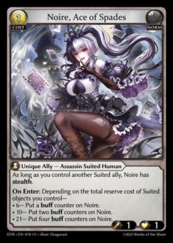 あなたが他のSuited Allyをコントロールしている限り、ノワールはstealthを持つ。<br>
<b>登場時:</b>あなたがコントロールしているSuited オブジェクトのリザーブコストの合計に応じて、以下の効果を得る:<br>
• 6 — ノワールにバフカウンターを1個置く。<br>
• 10 — ノワールにバフカウンターを2個置く。<br>
• 21 — ノワールにバフカウンターを4個置く。