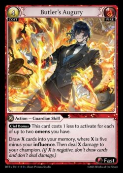 <b>シエルボーナス</b>:このカードの発動コストは、あなたが持つオーメン(最大2つまで)1つにつき1少なくなる。X枚カードをメモリーに引く。Xはあなたのinfluenceから5を引いた値である。その後、あなたのチャンピオンにXダメージを与える。(Xが負数の場合、カードを引かず、ダメージも与えない。)